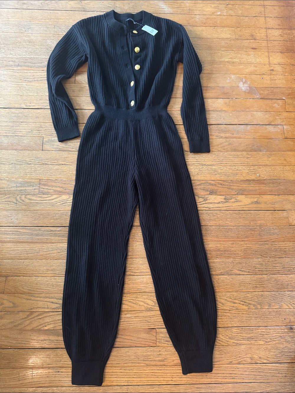 GAP Black Ribbed Knit Jumpsuit with Gold Buttons